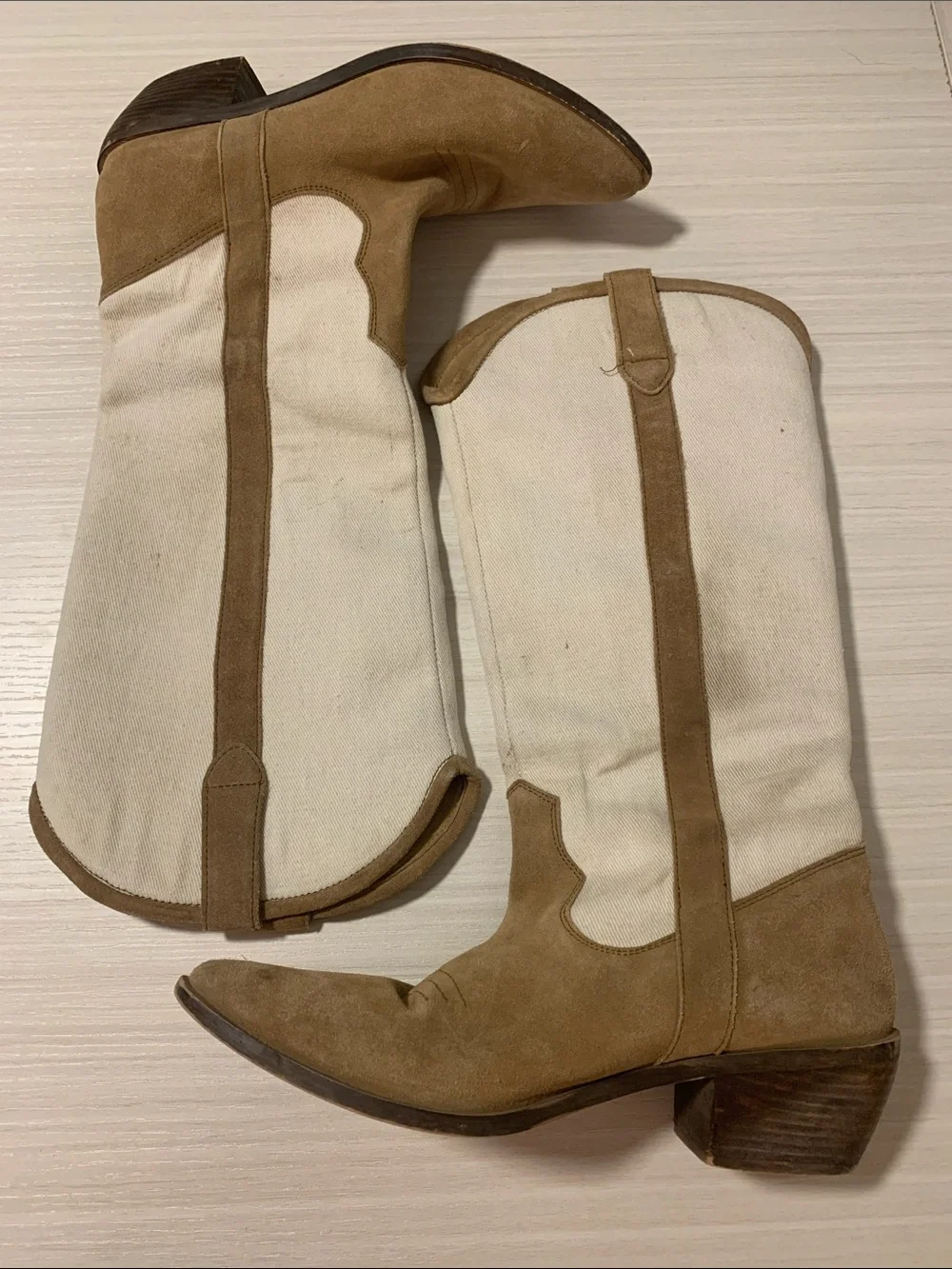 Urban Outfitters UO Leslie Tall Cowboy Boots in Tan and Cream